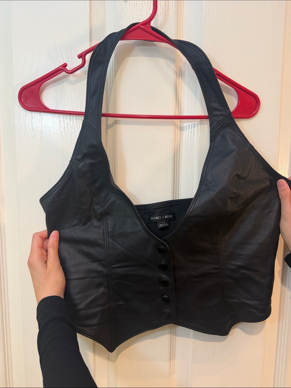 silence + noise Black Faux Leather Halter Crop Top with Button Front